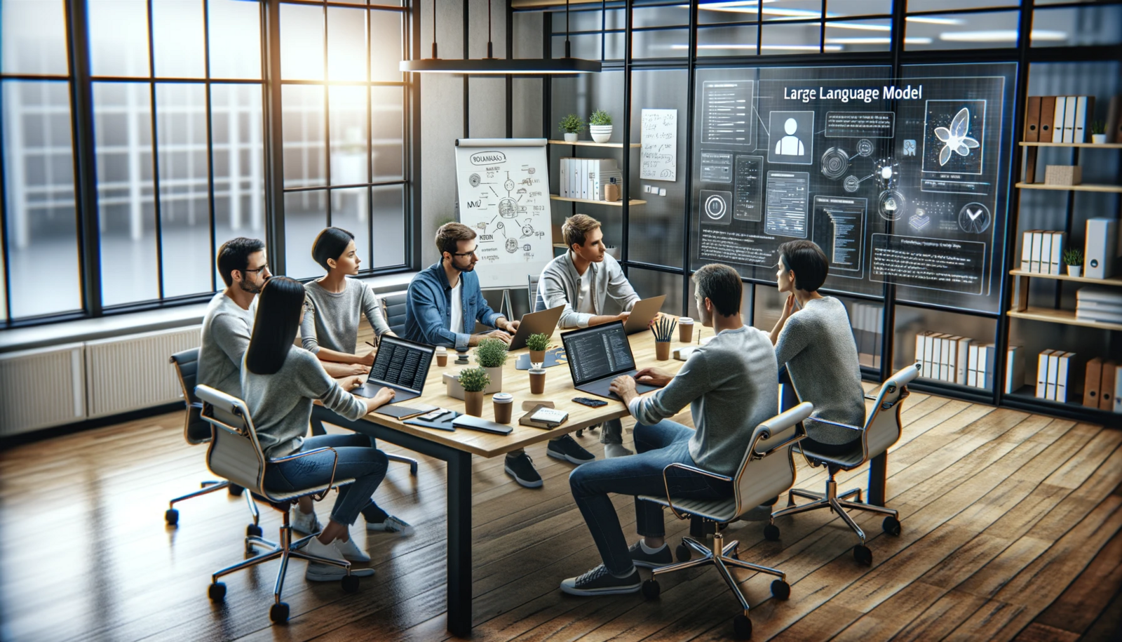 In dem Symbolbild sitzt eine Gruppen Menschen aum eine Tisch in einem modernen Büro und im Hintergrudn ist auf einem Bildschirm Large Language Models zu lesen