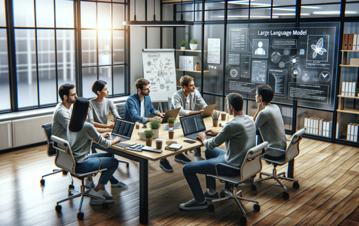 In dem Symbolbild sitzt eine Gruppen Menschen aum eine Tisch in einem modernen Büro und im Hintergrudn ist auf einem Bildschirm Large Language Models zu lesen