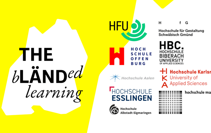 in den Umrissen des Lands Baden-Württemberg steht THE bLÄNDed learning daneben die Logos der beteiligten Hochschulen 