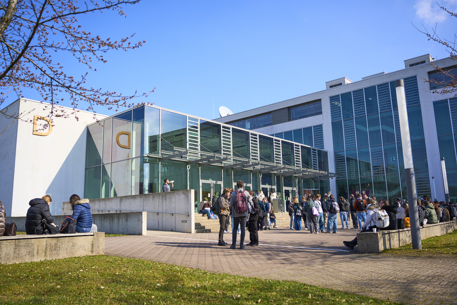 junge Leute stehen vor dem D-Gebäude