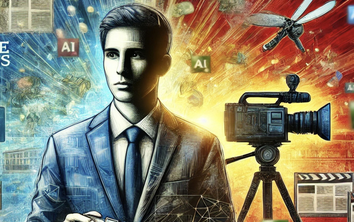 2024-11-21 PM Workshop die neue Macht der Bilder KI generierte Grafik zeigt einen Mann im Anzug, eine Filmkamera und Worte wie Fake News und AI