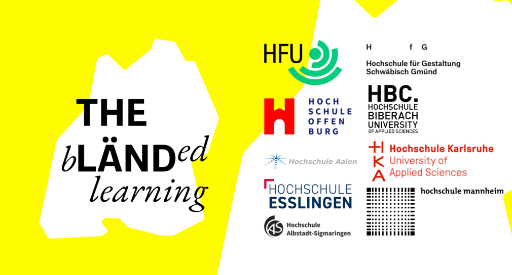in den Umrissen des Lands Baden-Württemberg steht THE bLÄNDed learning daneben die Logos der beteiligten Hochschulen 